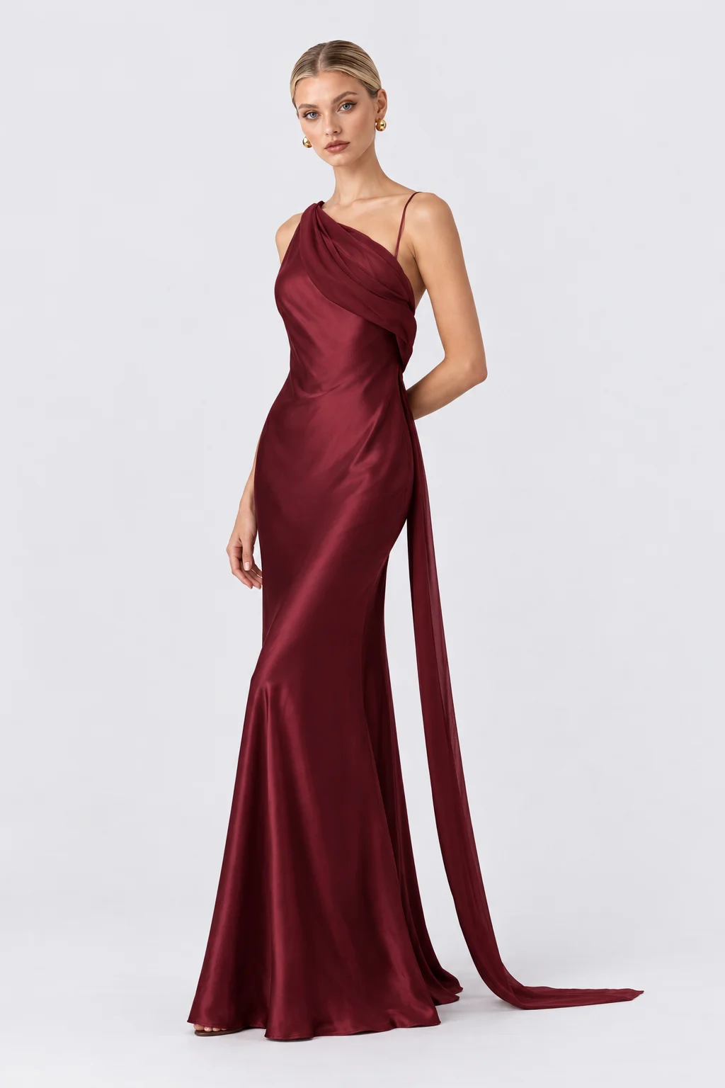 Burgundy One Shoulder Draped Satin Maxi Evening Dress with Floor Length Sash [erp-image:8334b6932d892d2dc43a7c27]