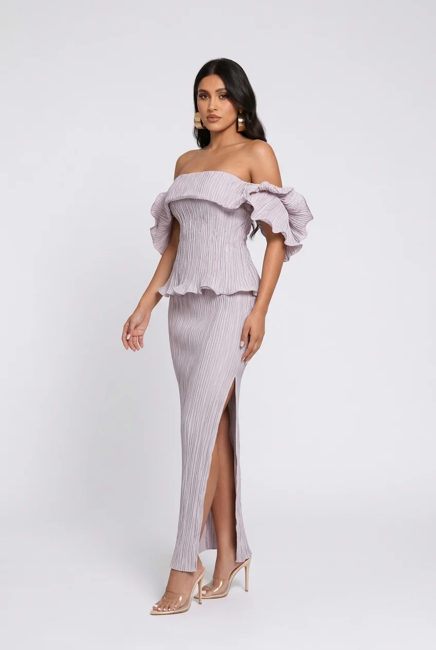 Plissé Pleated Off Shoulder Peplum Column Maxi Dress for Wedding Guests [erp-image:9e57deb45af814a3516dbb97]