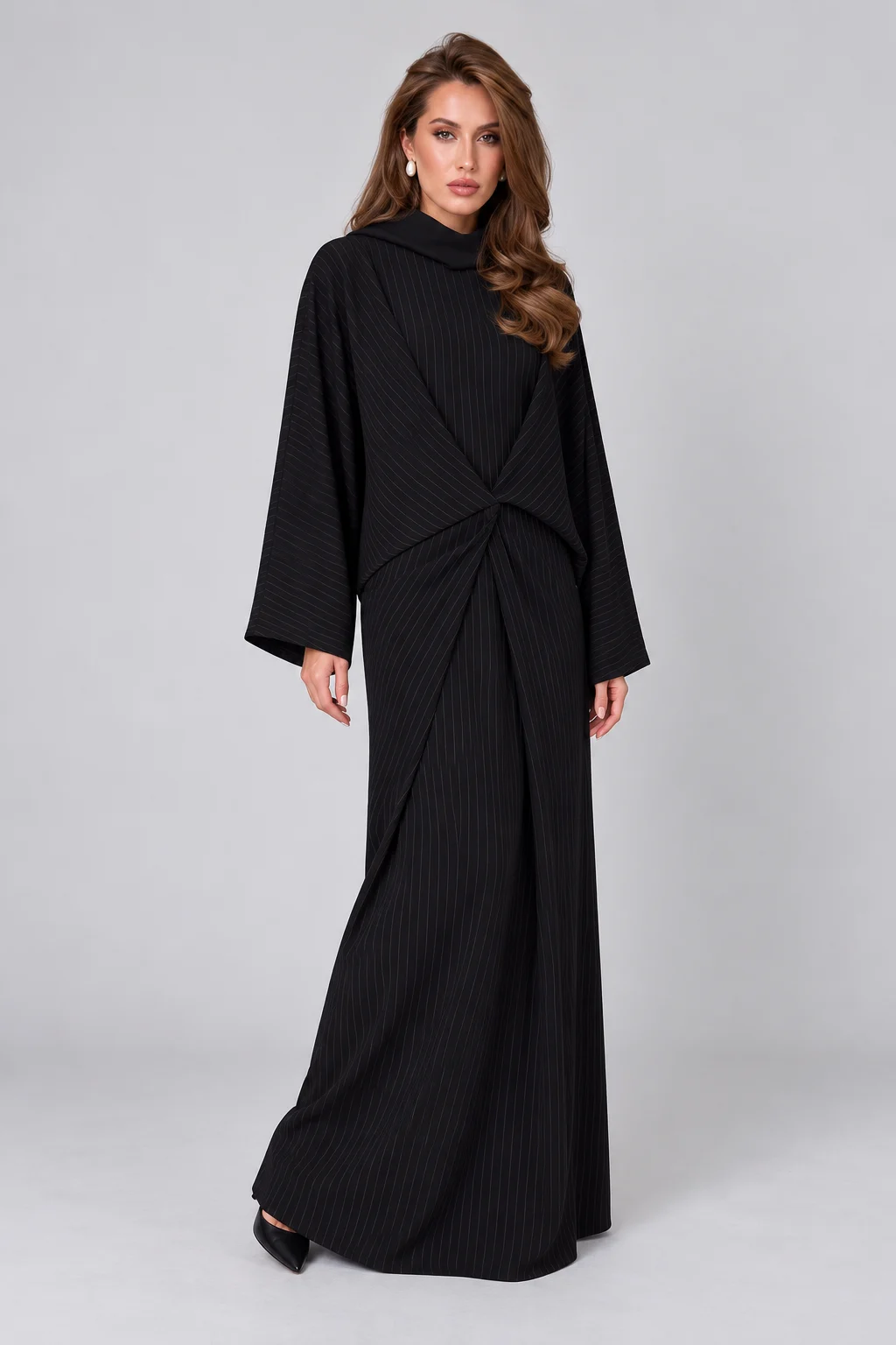 Black Pinstripe Long Sleeve Twist Front Abaya Maxi Dress with Wide Cut [erp-image:7a215777037d3bb52267b228]