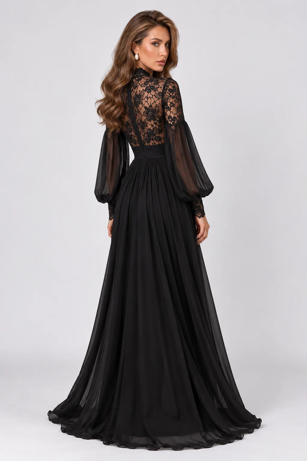 Black Lace Panel Long Lantern Sleeve Floor Length Evening Maxi Dress [erp-image:bb417e633b6d422782545c96]