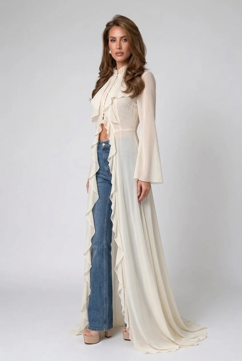 Ivory Ruffle Trim High Neck Sheer Chiffon Maxi Blouse Duster Top [erp-image:610ad39805b6afa97bd37b04]