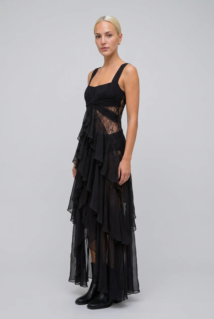 Vintage Brocade Cropped Jacket and Ruffle Maxi Dress Two Piece Set [erp-image:123049345670b8bc15fda2a1]