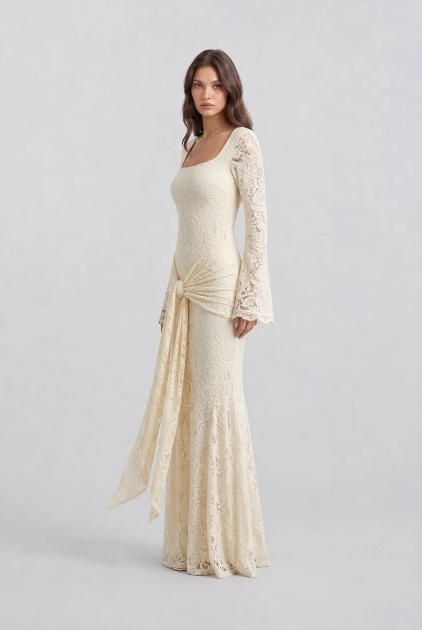 Butter Yellow Floral Lace Long Sleeve Maxi Dress with Draped Waist Sash [erp-image:814634bc9e7b8e8febaf30e1]
