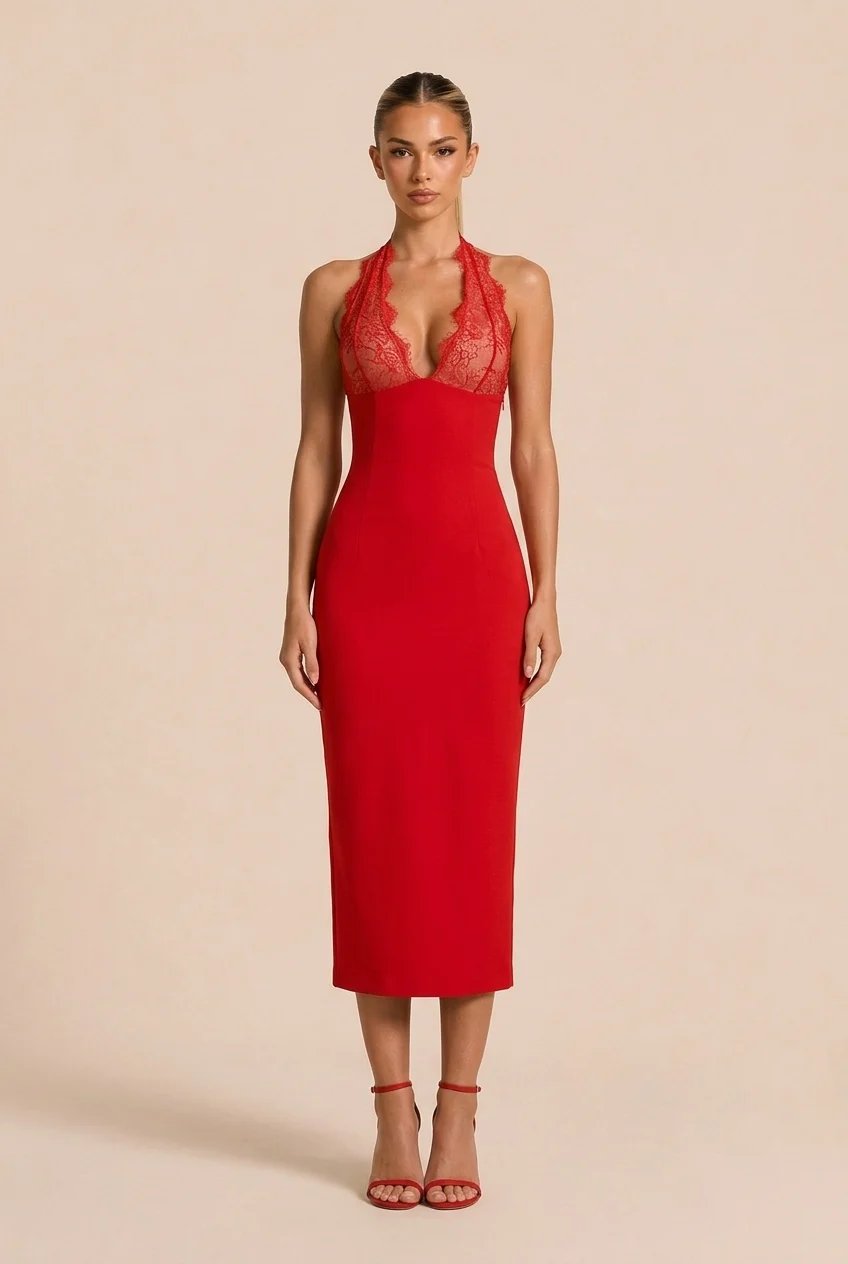Red Lace Halter Plunge Neck Sleeveless Bodycon Midi Dress [erp-image:221a802f30e9461a58ae59f8]