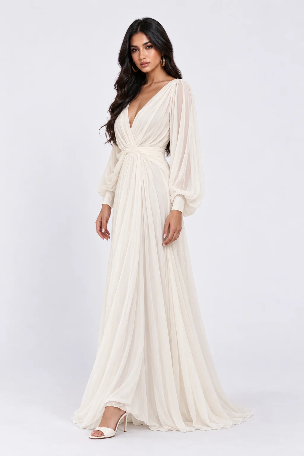 Deep V-Neck Long Sleeve Chiffon Ruched A-Line Maxi Wedding Dress [erp-image:794270d944e49ce040034719]