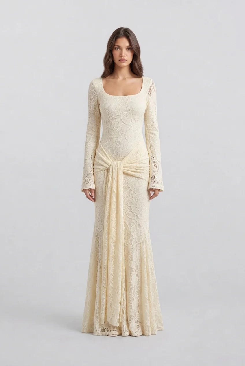 Butter Yellow Floral Lace Long Sleeve Maxi Dress with Draped Waist Sash [erp-image:225b3f6b7d7e894a0a1719da]
