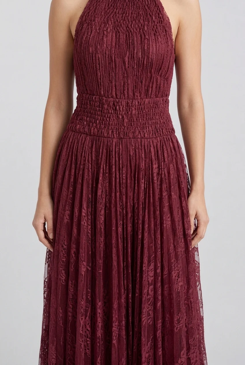 Burgundy Halter High Neck Pleated Mesh Sleeveless Maxi Evening Dress [erp-image:1179998f0131b24c9aa1aa63]