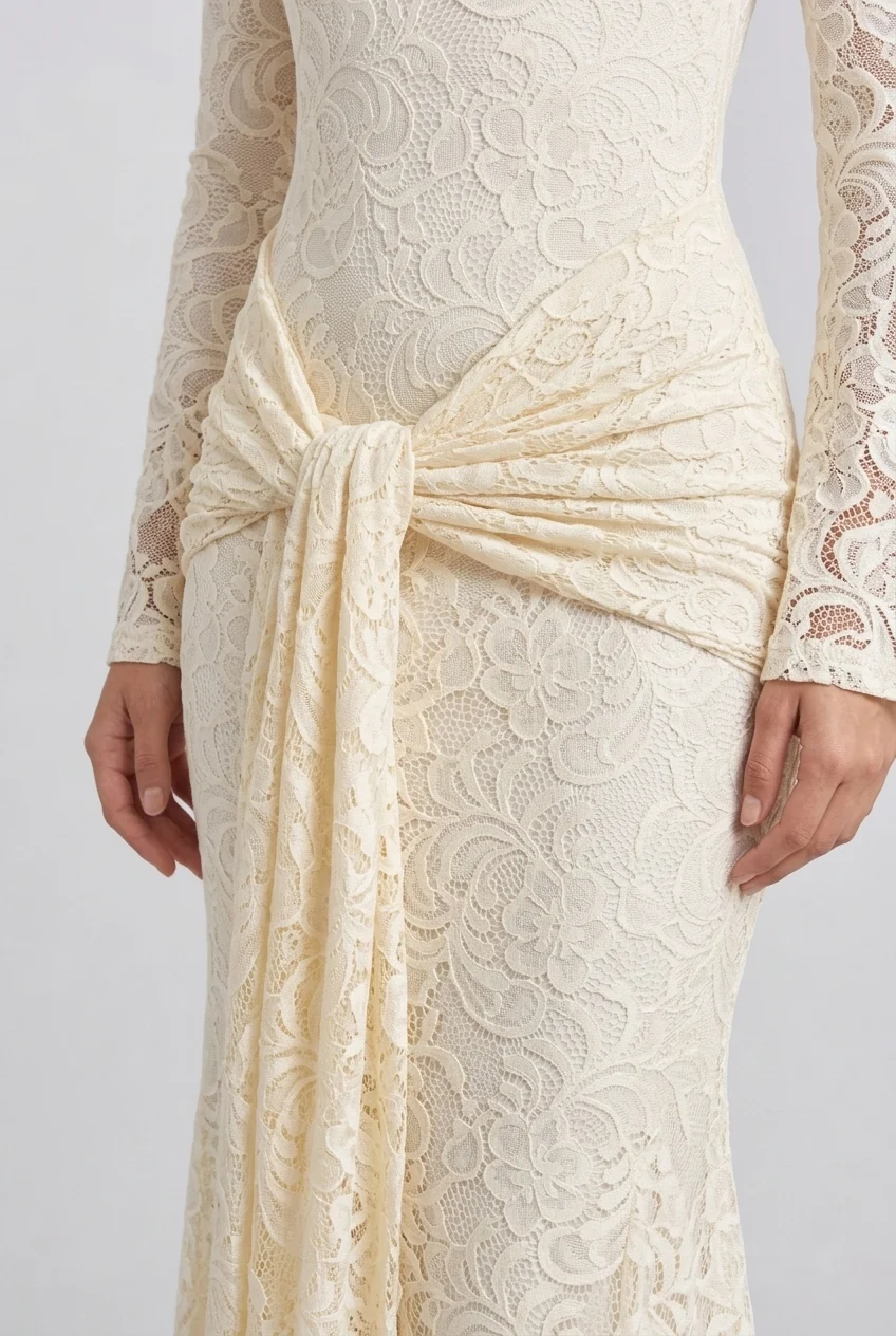Butter Yellow Floral Lace Long Sleeve Maxi Dress with Draped Waist Sash [erp-image:512e79ec3f4628f6843ba683]