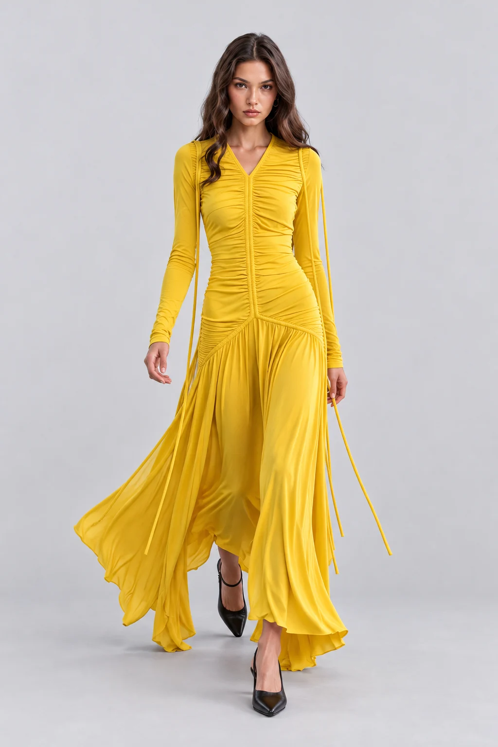 Ruched V-Neck Long Sleeve Maxi Dress [erp-image:c8f051de23b248cd102b8c90]