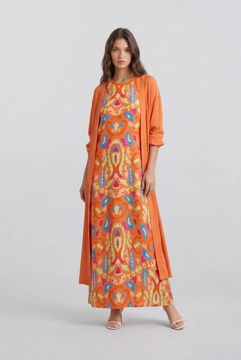 Women's Orange Boho Print Sleeveless Maxi Dress and Long Cardigan Two Piece Outfit Set [erp-image:ce54cc8a0b6e5ac668841d2d]