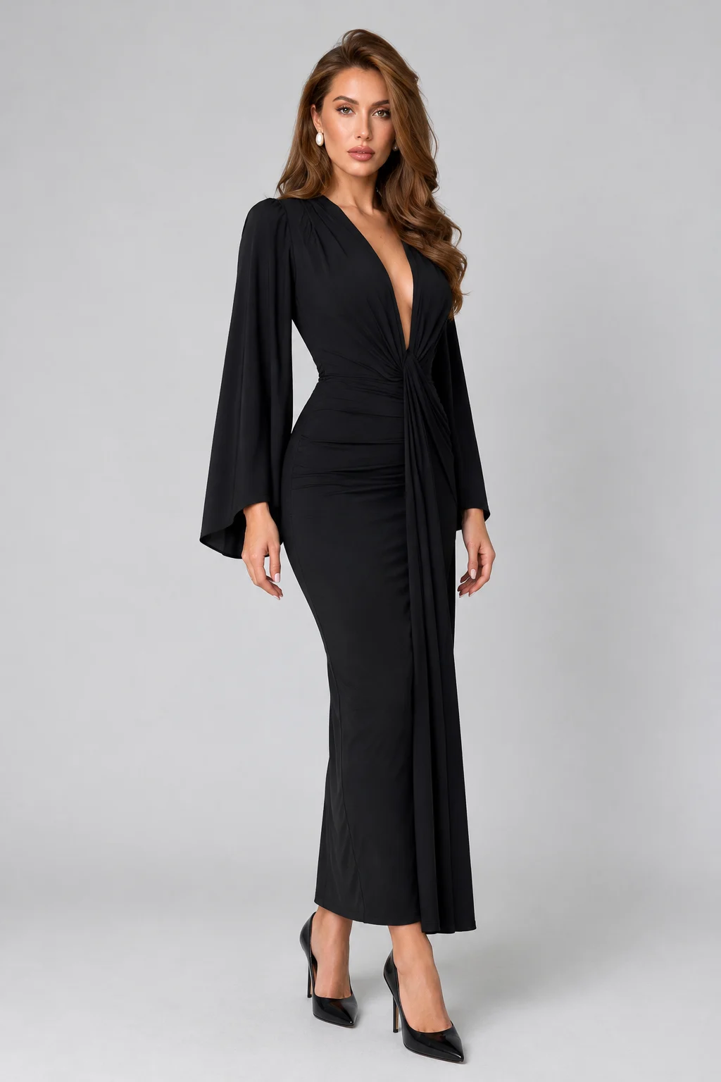 Deep V-Neck Padded Shoulder Long Sleeve Draped Ruched Black Maxi Dress [erp-image:99f0e5dc10c661526167a1b1]