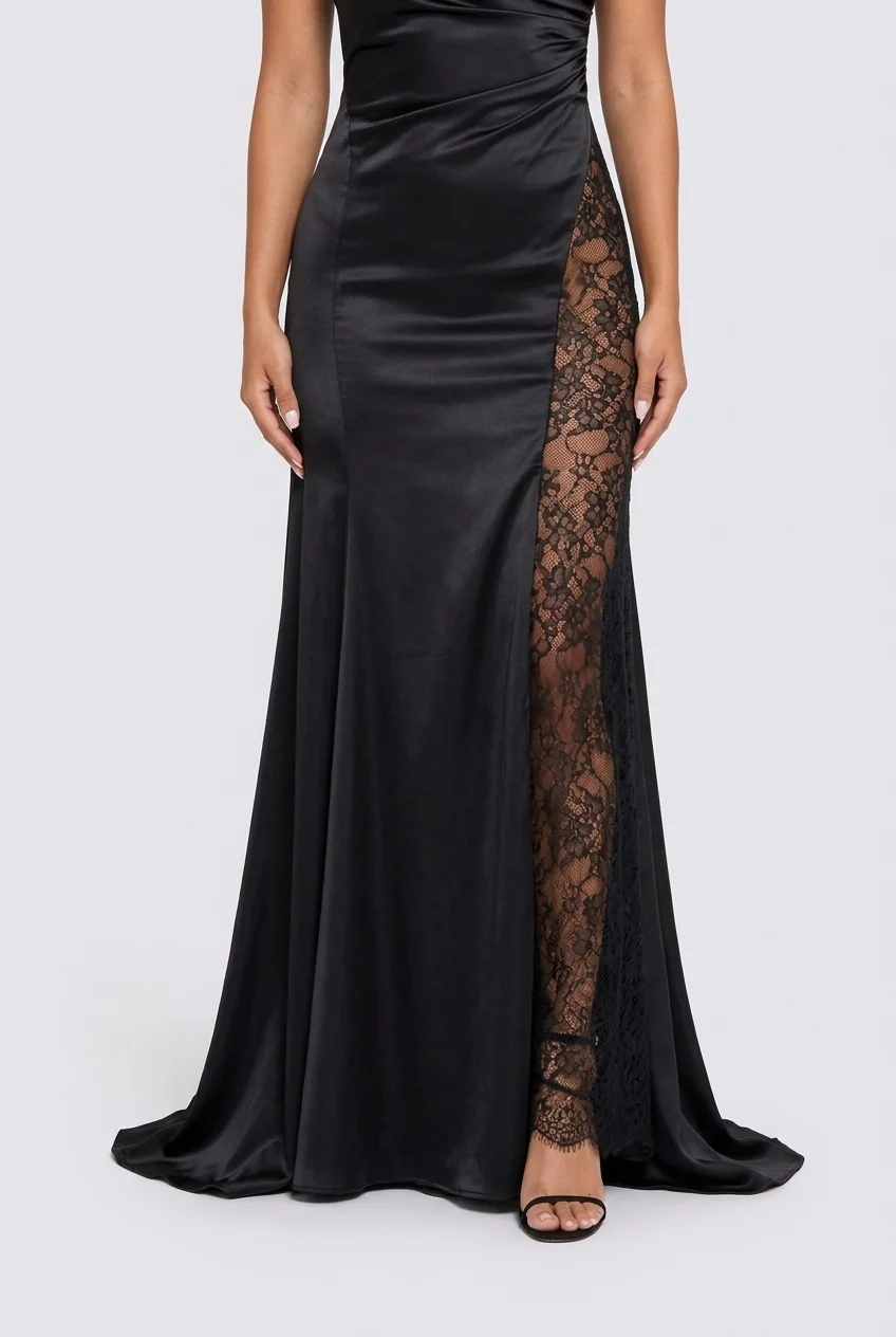Women's One Shoulder Black Satin Maxi Dress with Sheer Lace Insert Panel [erp-image:bb3c473bbd4e1651db71562c]