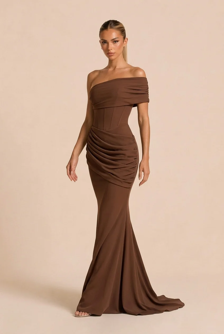 Brown Asymmetric Corset Lace-Up Draped Mermaid Maxi Evening Dress [erp-image:80bcdfe001b1fb4e05a27861]