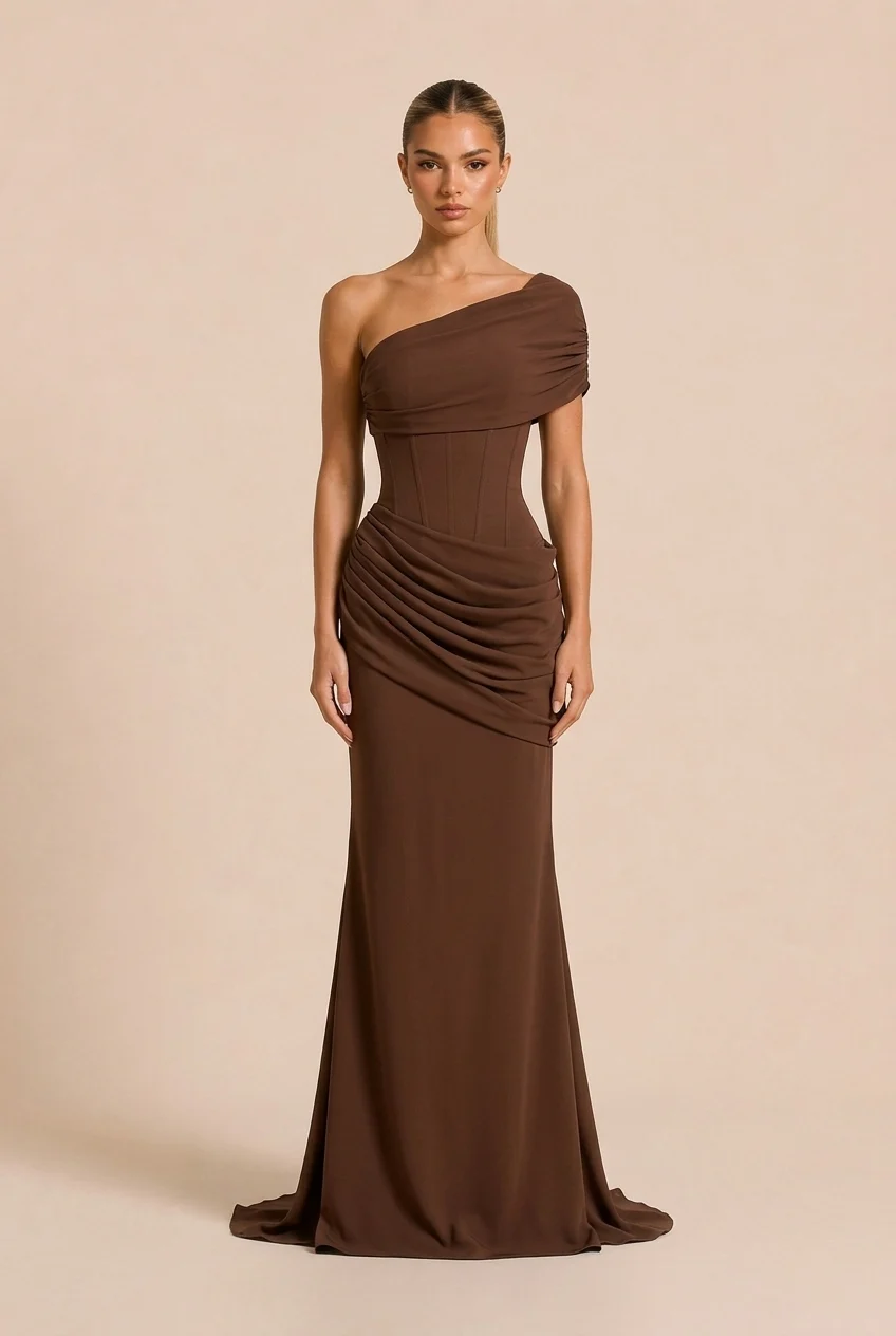 Brown Asymmetric Corset Lace-Up Draped Mermaid Maxi Evening Dress [erp-image:c996e0042843b2403ed35b65]