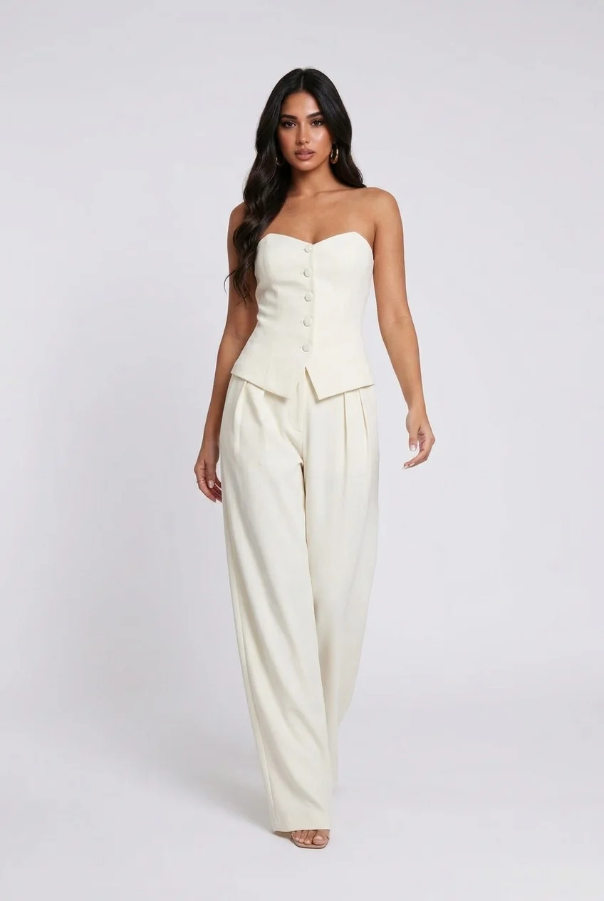 White Strapless Button Front Vest and Pleated Wide Leg Pants Two Piece Set [erp-image:9e033c741e4837309c0b9f00]