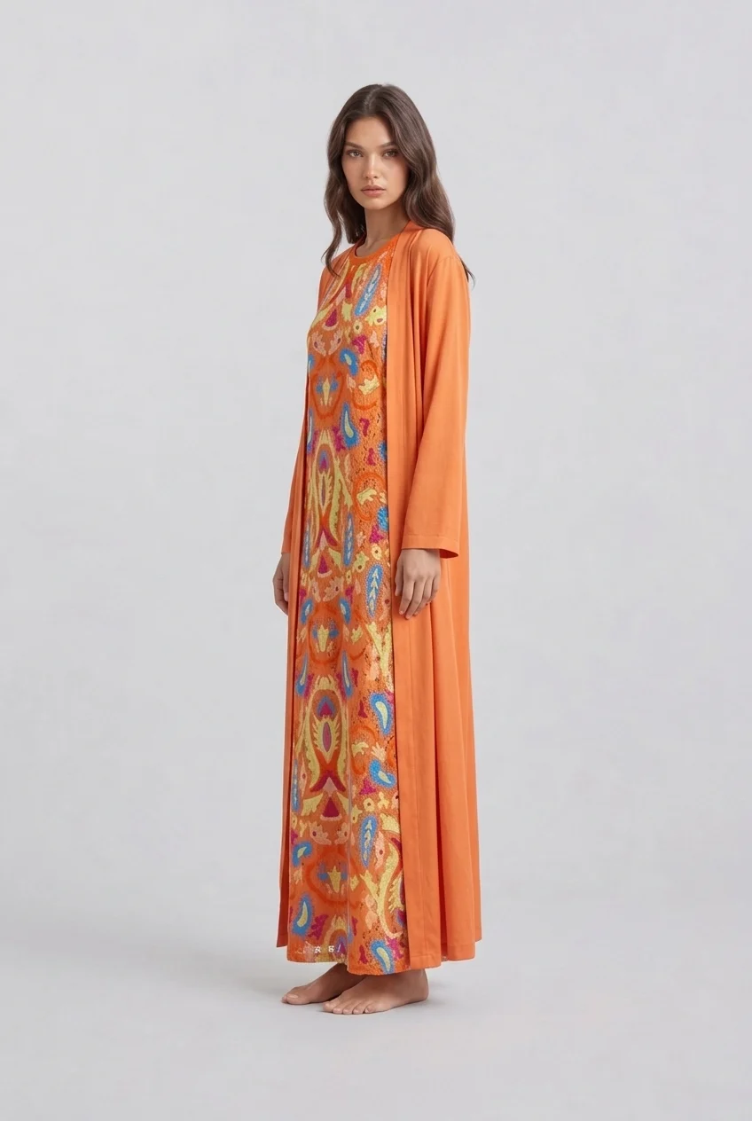 Women's Orange Boho Print Sleeveless Maxi Dress and Long Cardigan Two Piece Outfit Set [erp-image:d6a7d83f4a51df28ceee6f50]