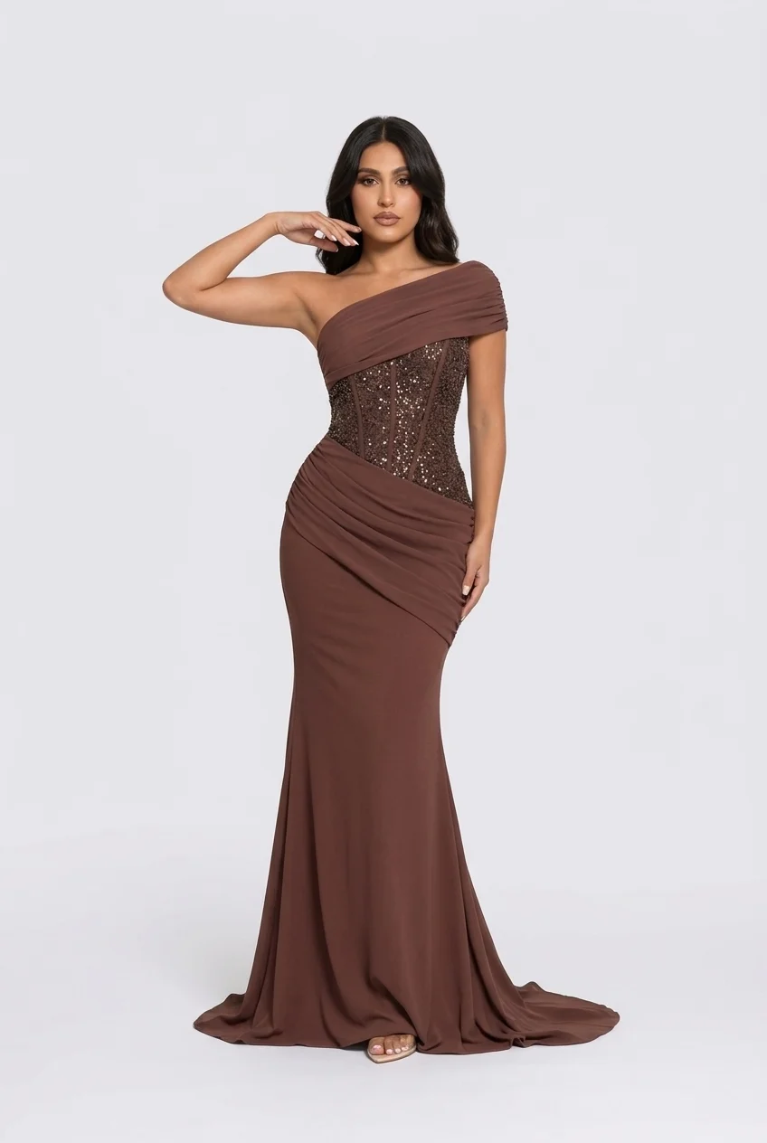 Brown One Shoulder Sequin Corset Draped Mermaid Maxi Evening Gown [erp-image:0c8a8c907587172d34cd5e77]
