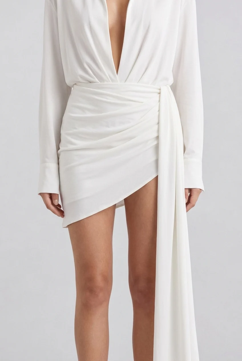 Plunging Deep V-Neck Long Sleeve Draped Mini Dress with Side Sash Train [erp-image:4e7e3a02f15dcbc4c87500f1]