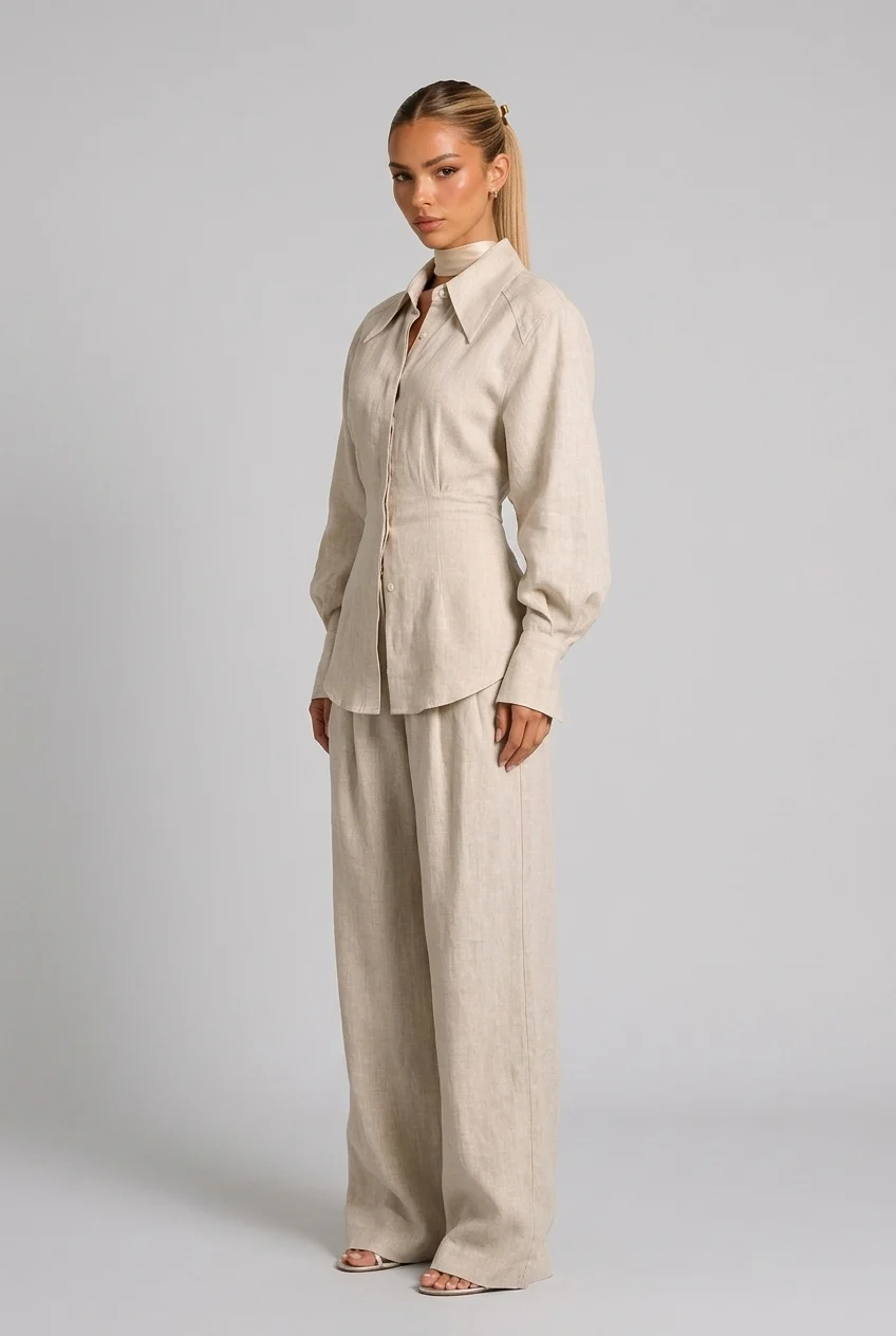 Long Sleeve Button Down Shirt and Wide Leg Pants Two Piece Set [erp-image:3ff644a6aba514f47031123e]