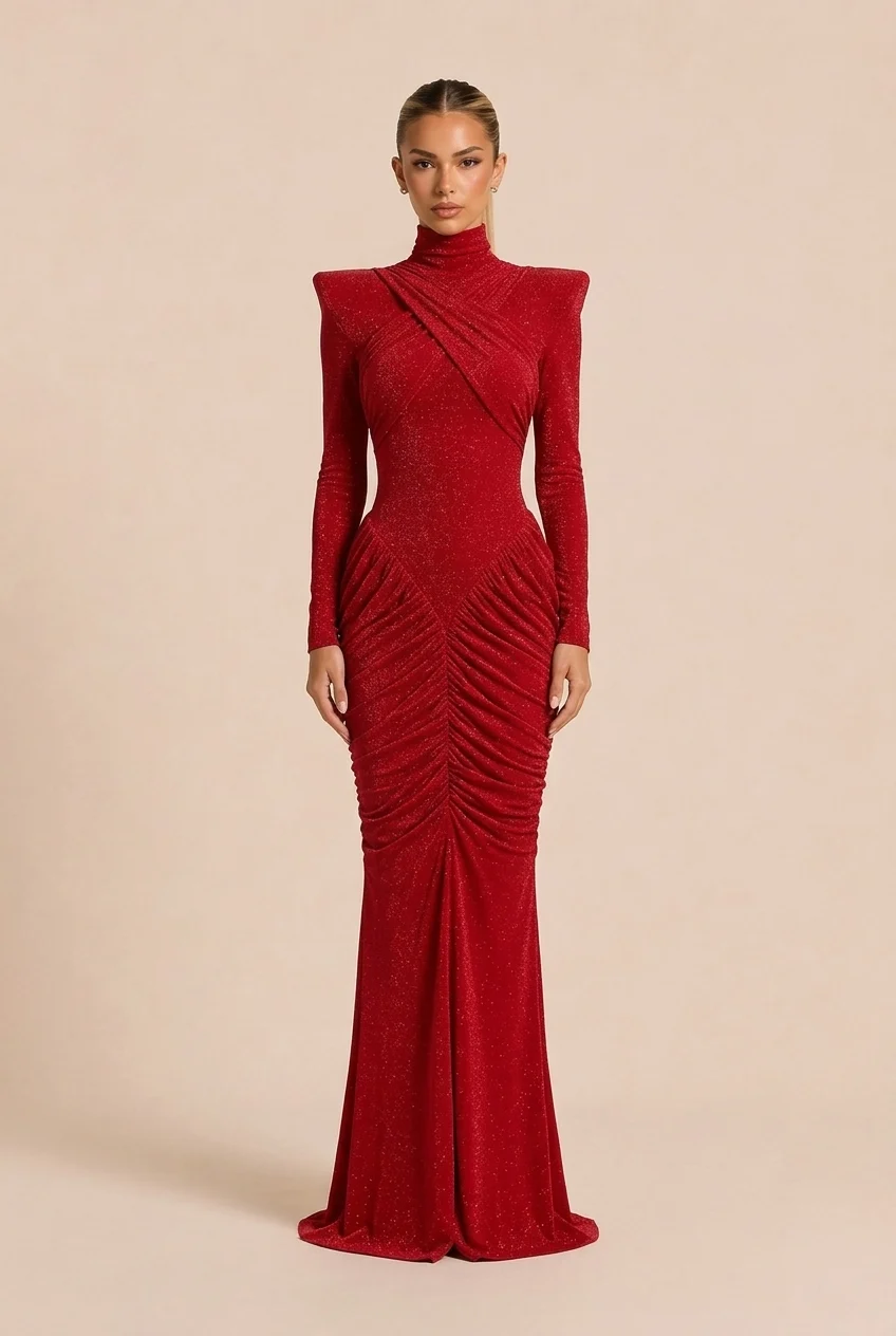 Red Glitter High Neck Ruched Long Sleeve Maxi Evening Dress with Shoulder Pads [erp-image:0a811acc527f056bf7d16bb9]