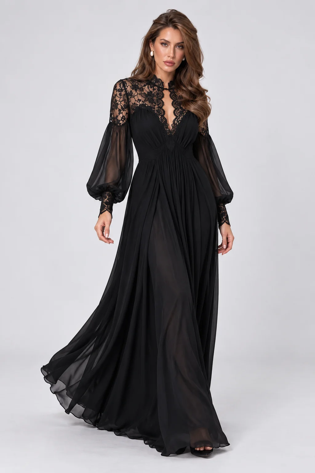 Black Lace Panel Long Lantern Sleeve Floor Length Evening Maxi Dress [erp-image:a36b1c43ef2698301f9f80d0]