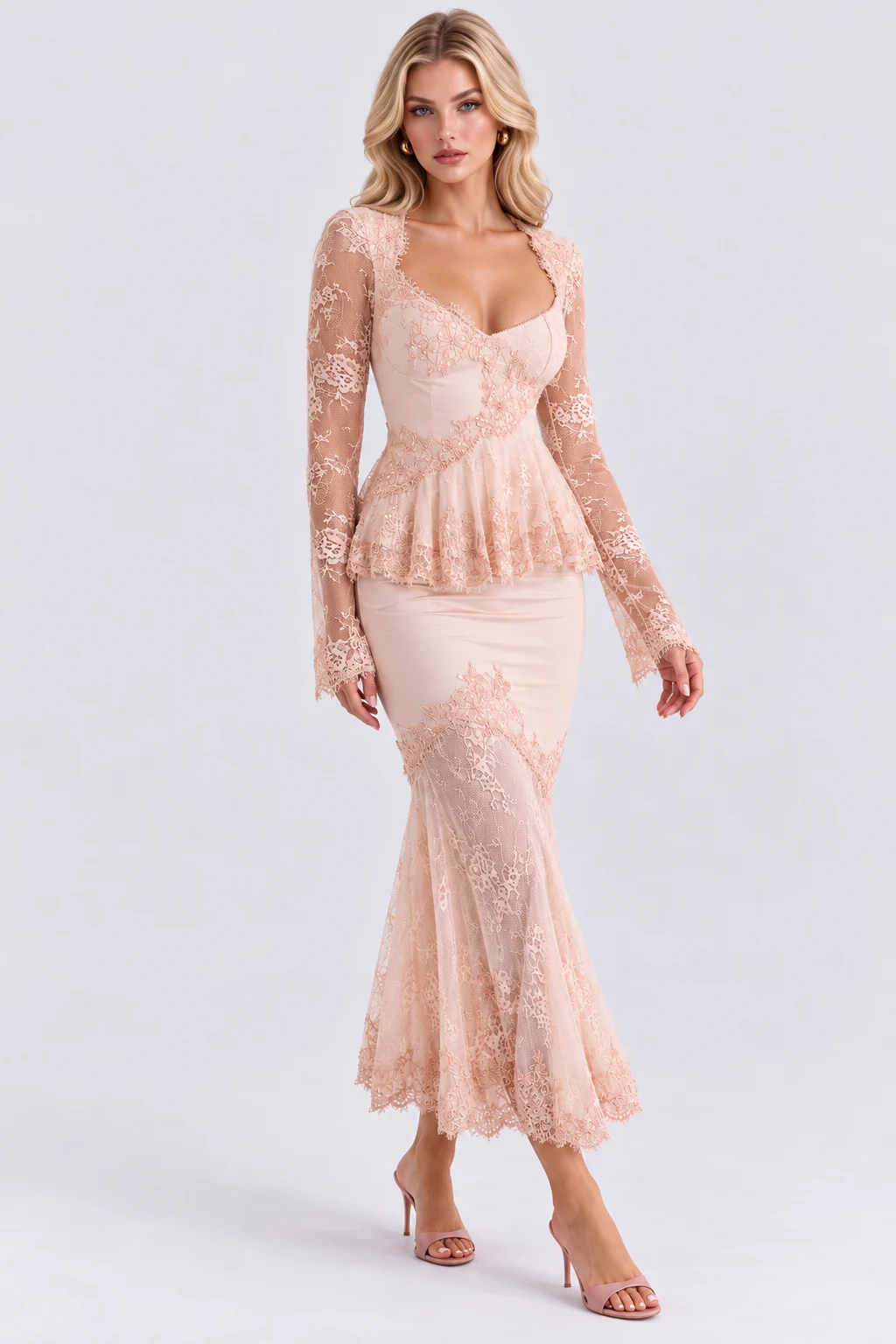 Lace Long Sleeve Peplum Top and Mermaid Midi Skirt Two Piece Set [erp-image:d7310abc828a900538a0c0d7]