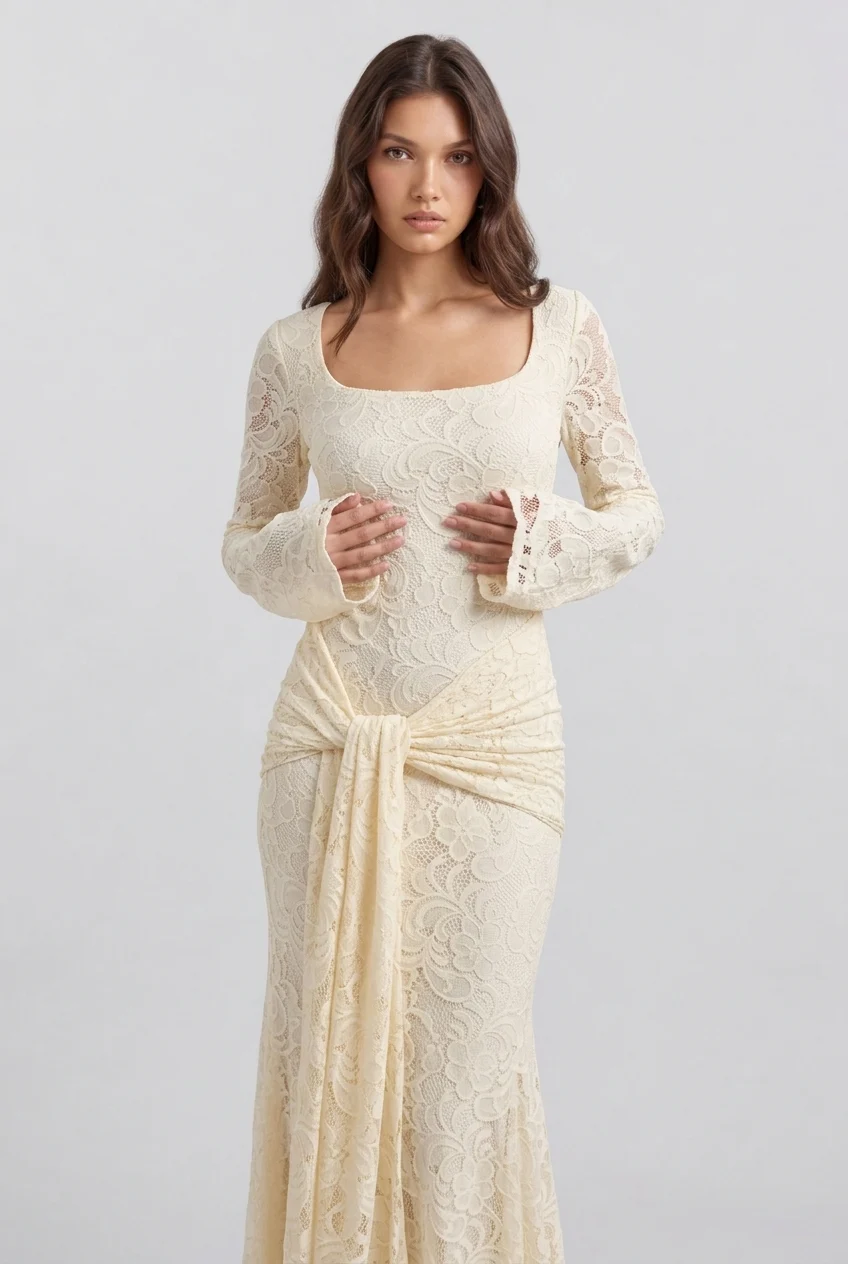 Butter Yellow Floral Lace Long Sleeve Maxi Dress with Draped Waist Sash [erp-image:3a553a9229792e5e27dc702a]