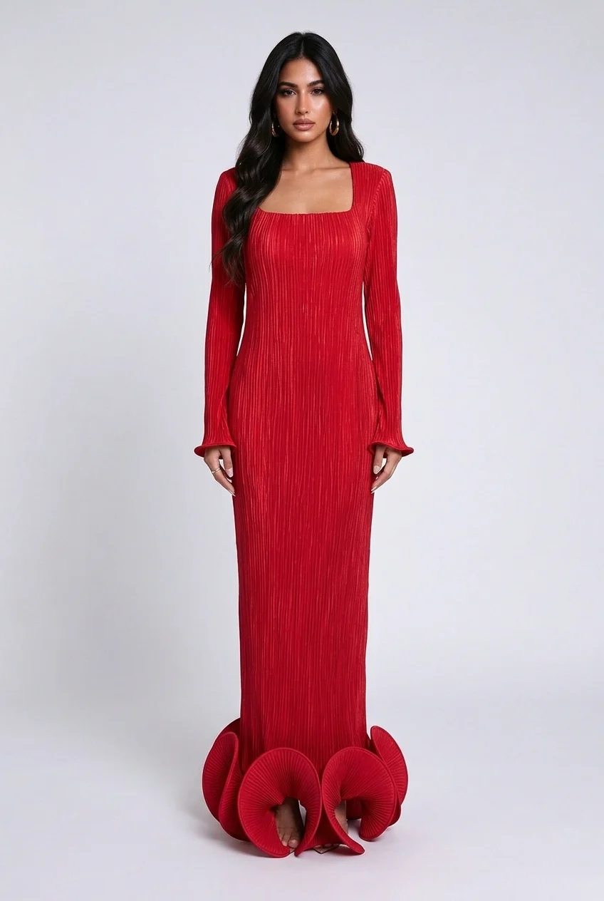 Square Neck Long Sleeve Maxi Dress with Sculptural Petal Hem [erp-image:f7bdb9b5cbe11f4d6cf2e778]