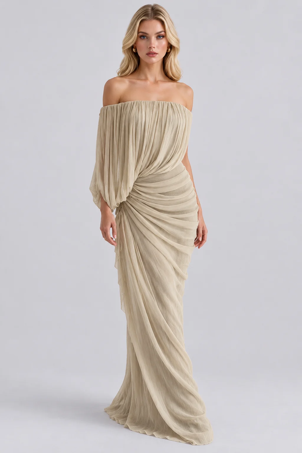 Off the Shoulder Draped Pleated Ruched Maxi Dress [erp-image:4f933d7033f352cd16978909]