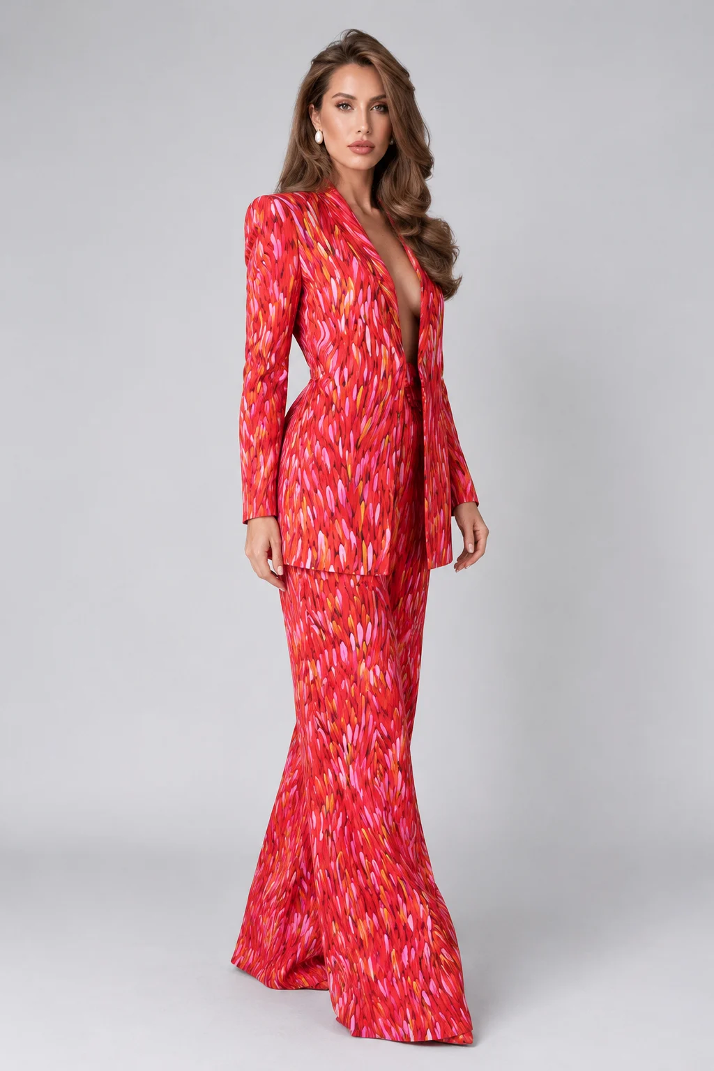 Red Brushstroke Print Tie Front Blazer and Wide Leg Pants Two Piece Set [erp-image:5f5df4403f527bf4af0545d0]
