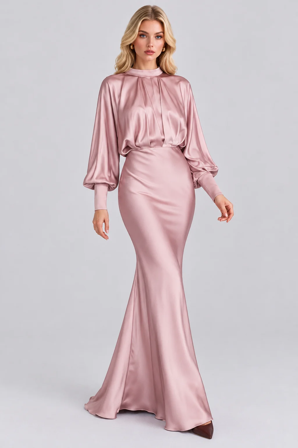 High Neck Bishop Sleeve Gathered Bodice Satin Maxi Dress [erp-image:c87a2b63c1984e694e63f992]