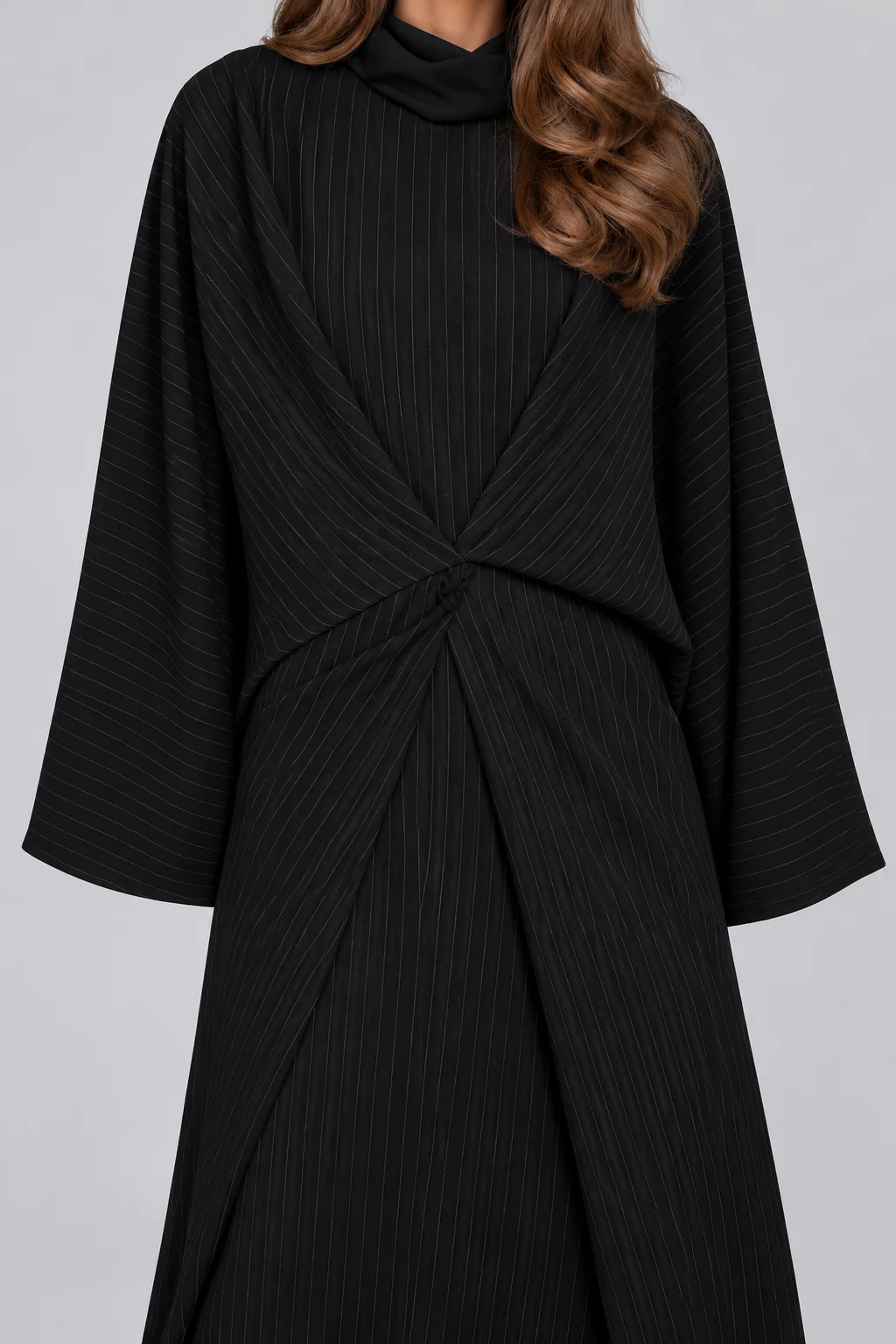 Black Pinstripe Long Sleeve Twist Front Abaya Maxi Dress with Wide Cut [erp-image:5977e4ff4d85f084d353f46d]
