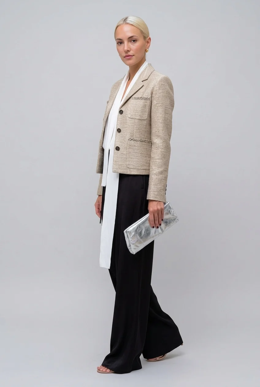 Women's Metallic Textured Tweed Blazer Jacket with Notched Lapel and Pockets [erp-image:9b309ea1e231b00ac3d56618]