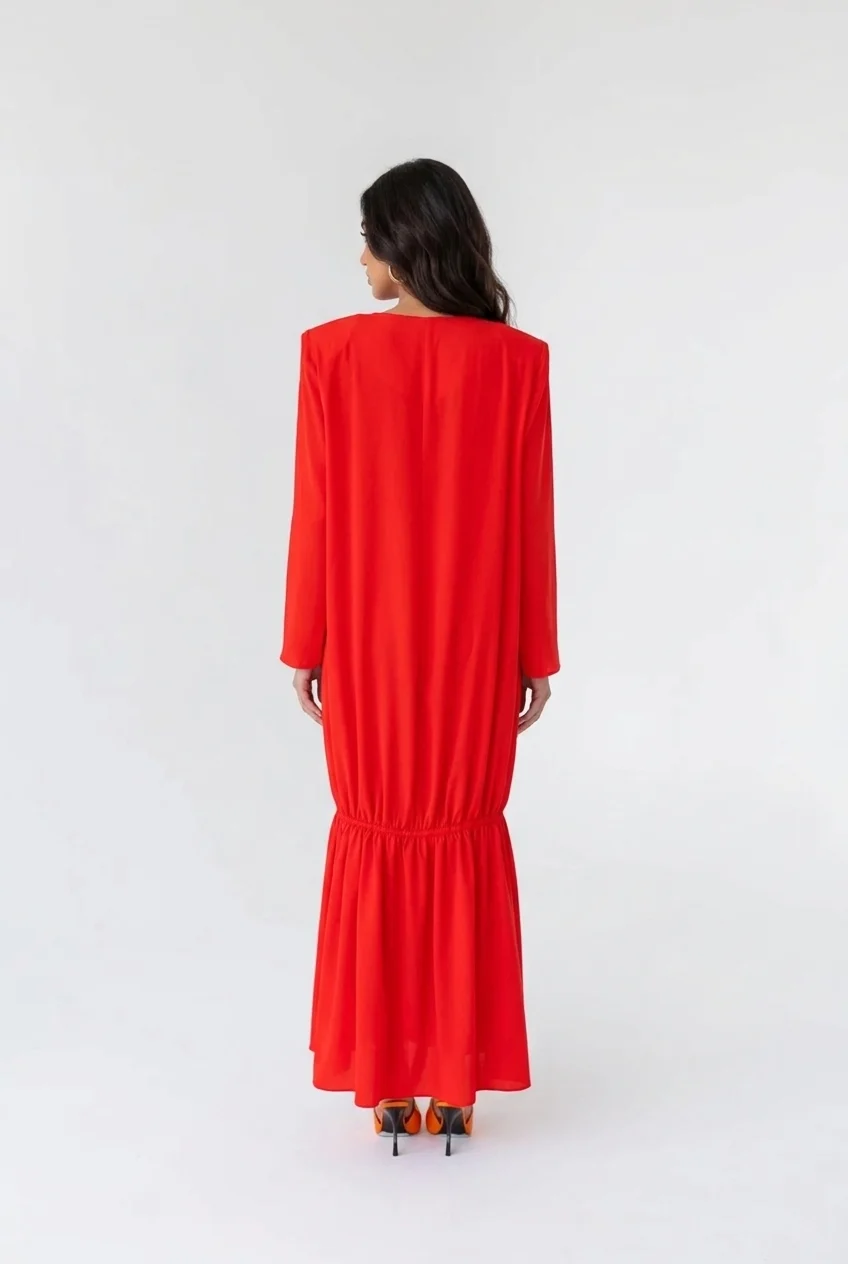 Red Padded Shoulder Long Sleeve Drop Waist Maxi Dress with Flounce Hem [erp-image:eca739f463d6f5bae26350bc]