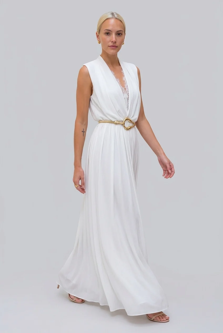 Sleeveless Deep V-Neck Lace Trim Pleated Maxi Dress in White [erp-image:c25410e88b46fc56abfc449e]