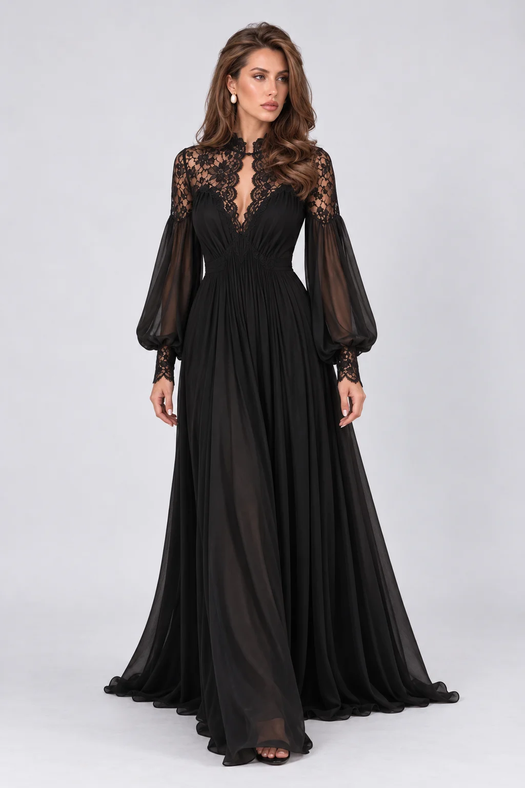 Black Lace Panel Long Lantern Sleeve Floor Length Evening Maxi Dress [erp-image:cd59a74930fb5cd524138e45]