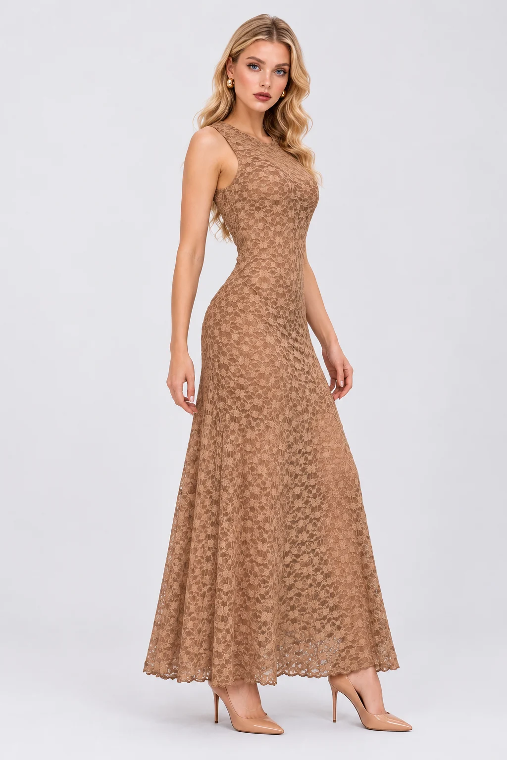 Sleeveless Crew Neck Lace Column Maxi Dress in Tan [erp-image:25f897bdf1b548ed8561eec8]