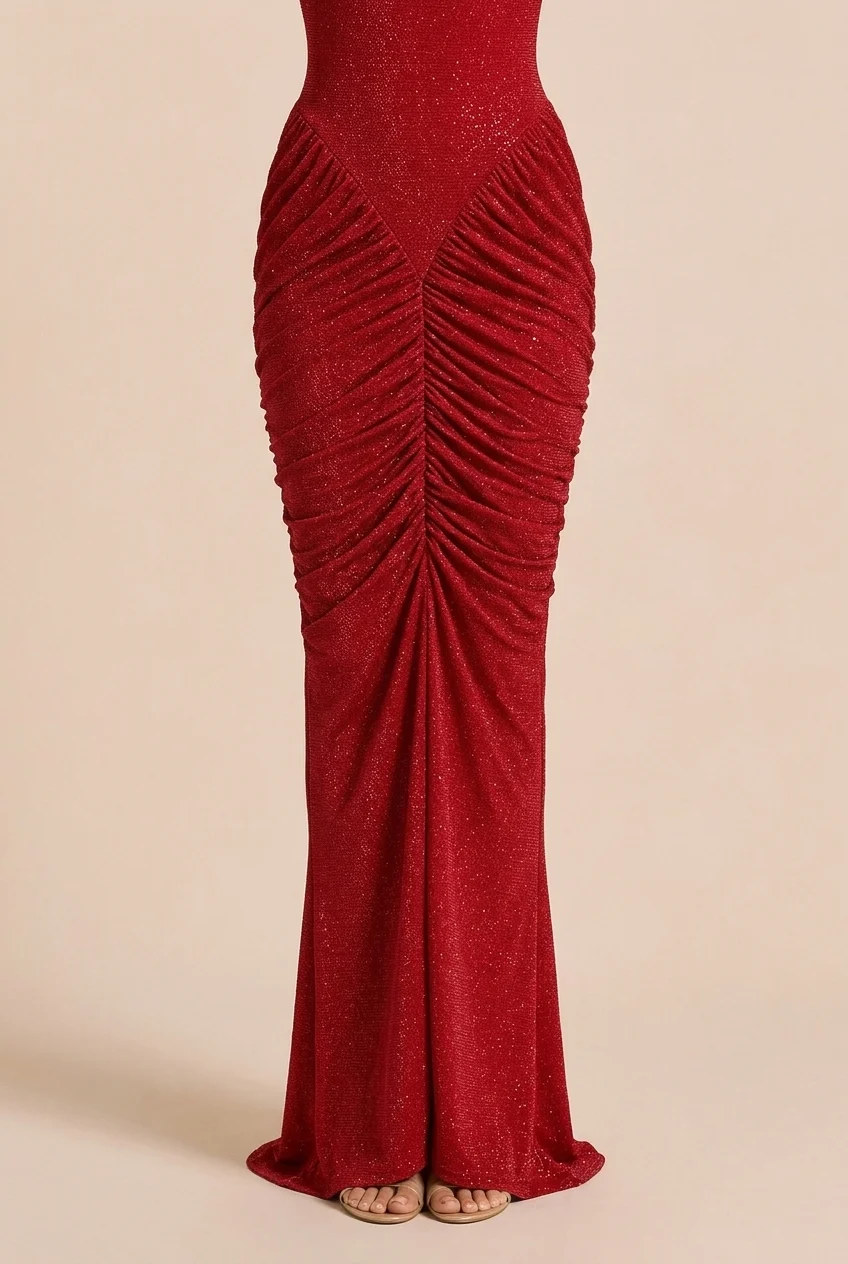 Red Glitter High Neck Ruched Long Sleeve Maxi Evening Dress with Shoulder Pads [erp-image:c84ac8c13cb057d0165625b7]