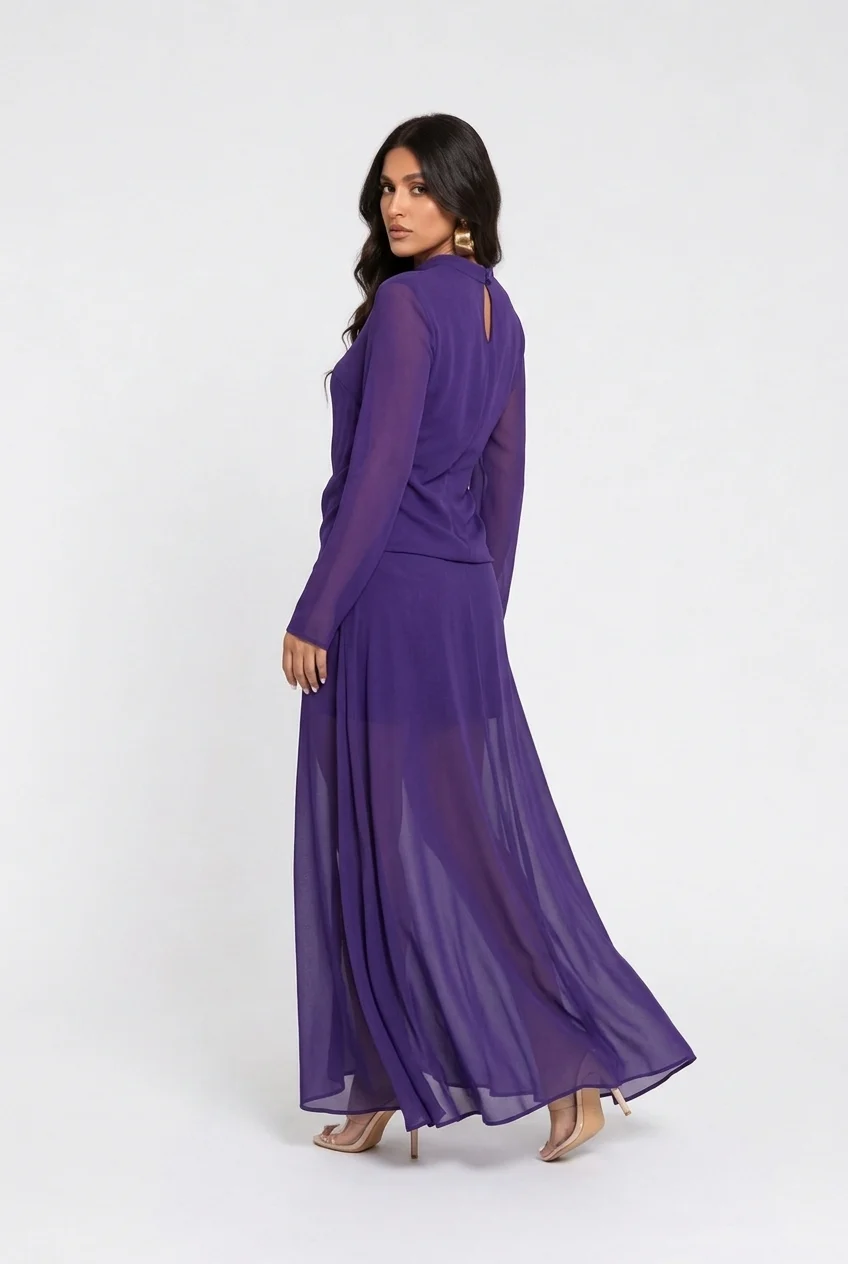 Purple High Neck Long Sleeve Sheer Chiffon Maxi Dress [erp-image:af4b9e14b59fa48189499f31]