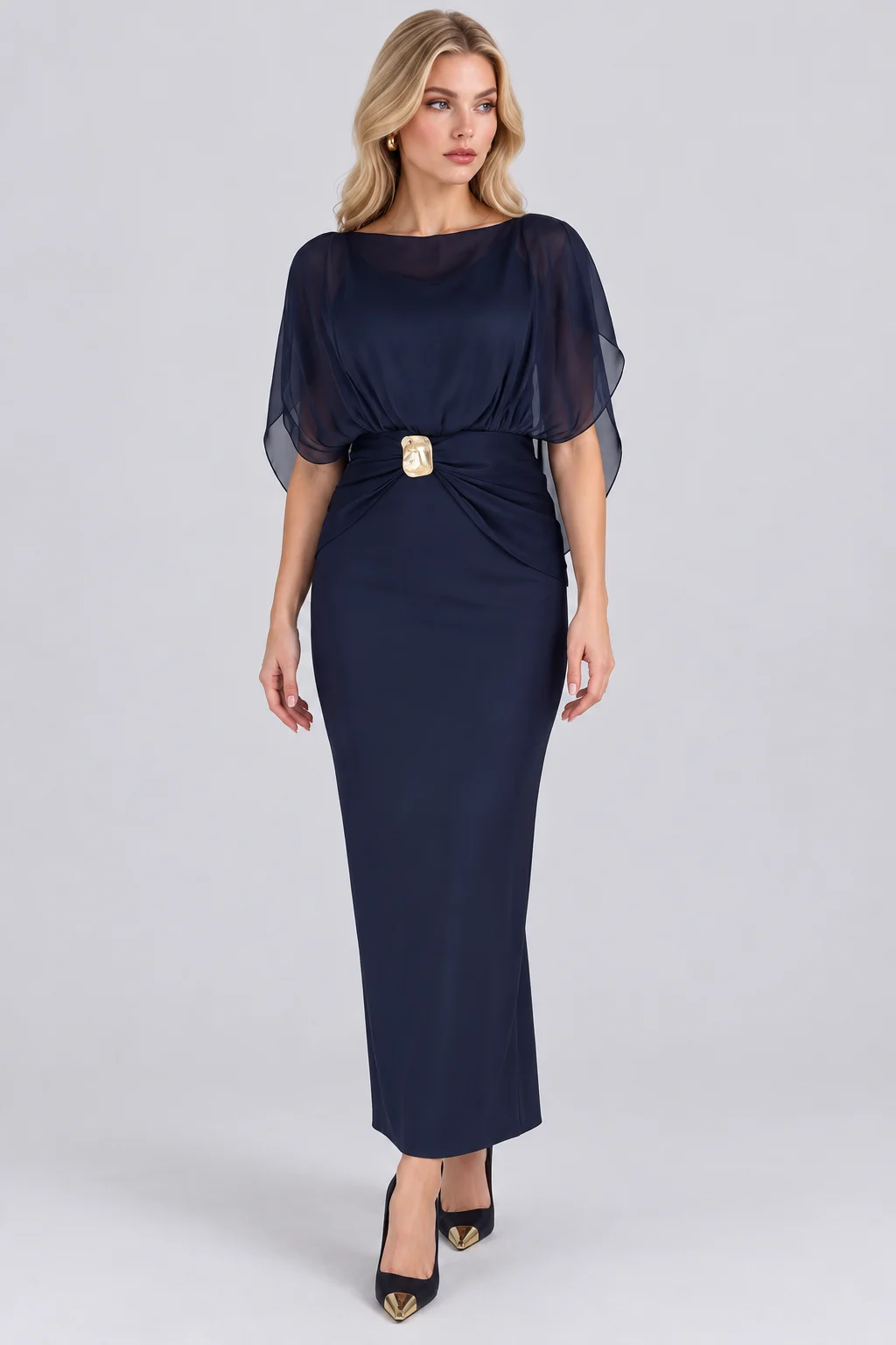 Shimmer Cape Sleeve Column Maxi Dress with Gold Buckle Accent [erp-image:2b4640d272bee0113493ec2d]