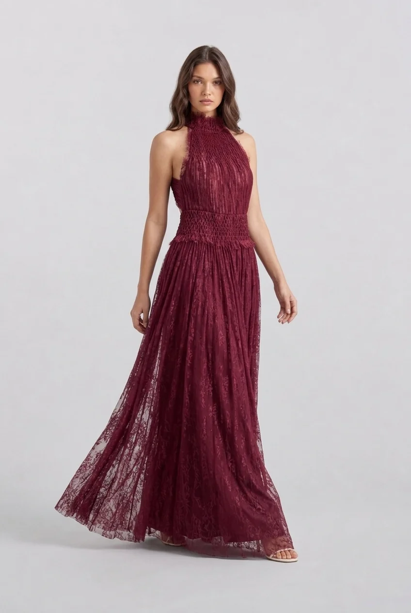Burgundy Halter High Neck Pleated Mesh Sleeveless Maxi Evening Dress [erp-image:957f0af3a282e0135539769d]