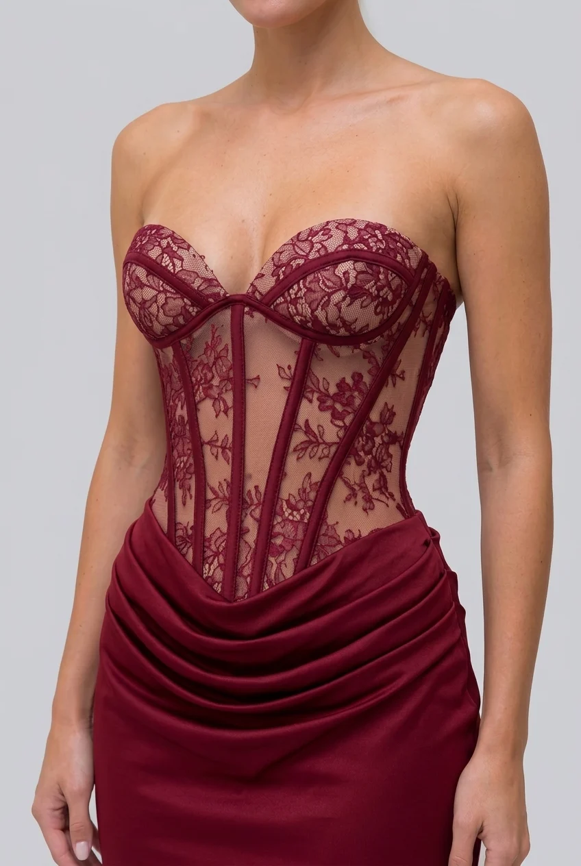 Burgundy Strapless Lace Corset Draped Bodice Floor Length Evening Maxi Dress [erp-image:8a3f8af073e39d91832f241a]