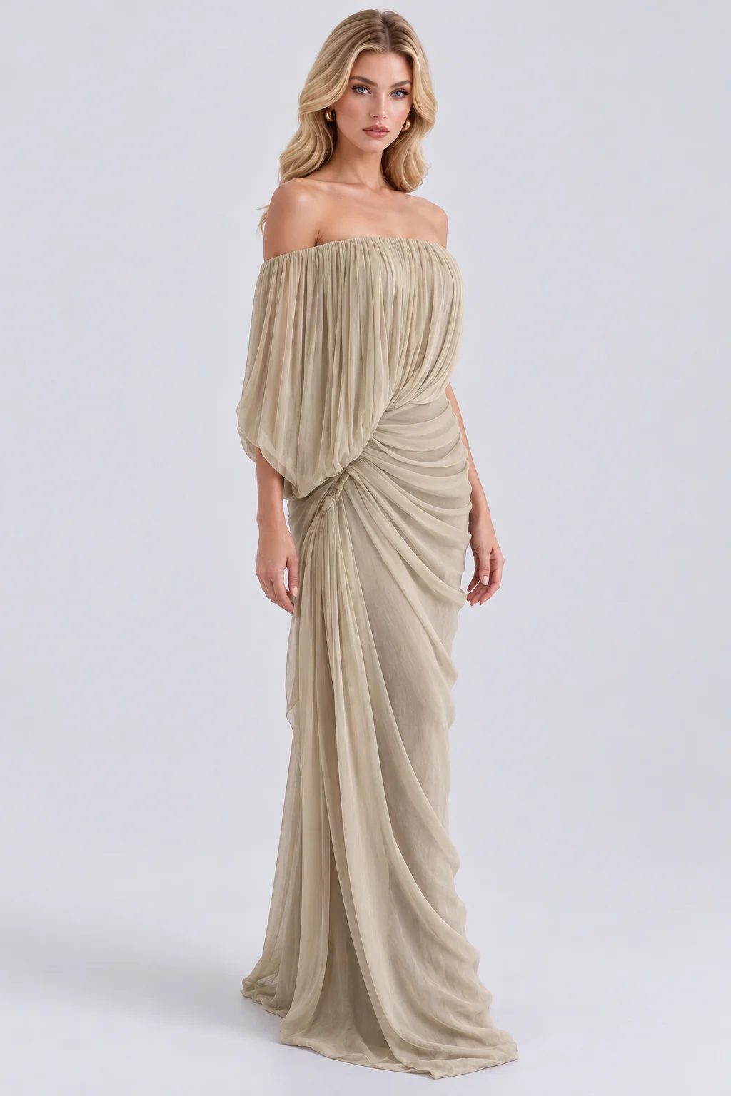 Off the Shoulder Draped Pleated Ruched Maxi Dress [erp-image:a8dd9dde544d248879580885]