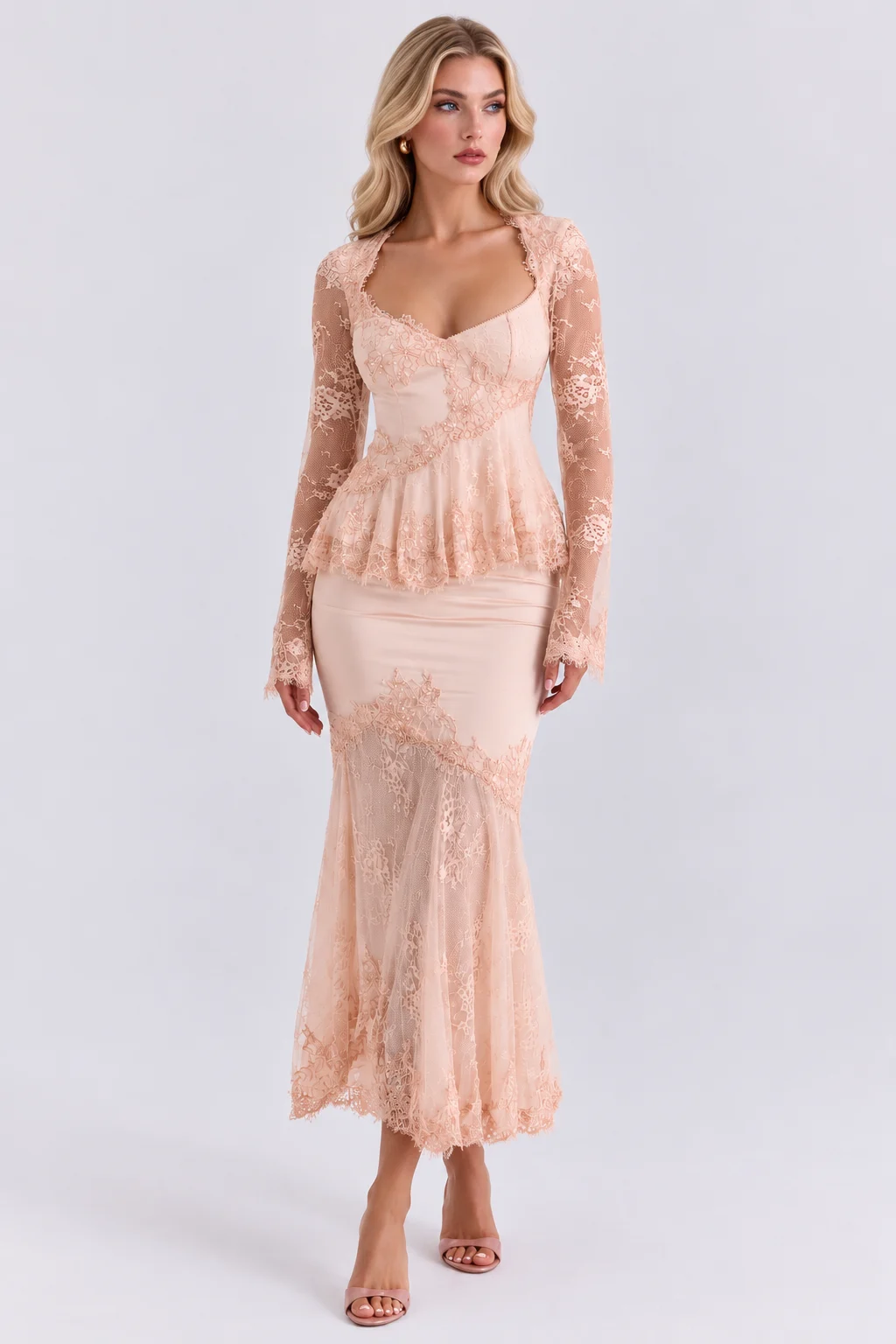 Lace Long Sleeve Peplum Top and Mermaid Midi Skirt Two Piece Set [erp-image:046f9f4abfc5bd3e1354c098]