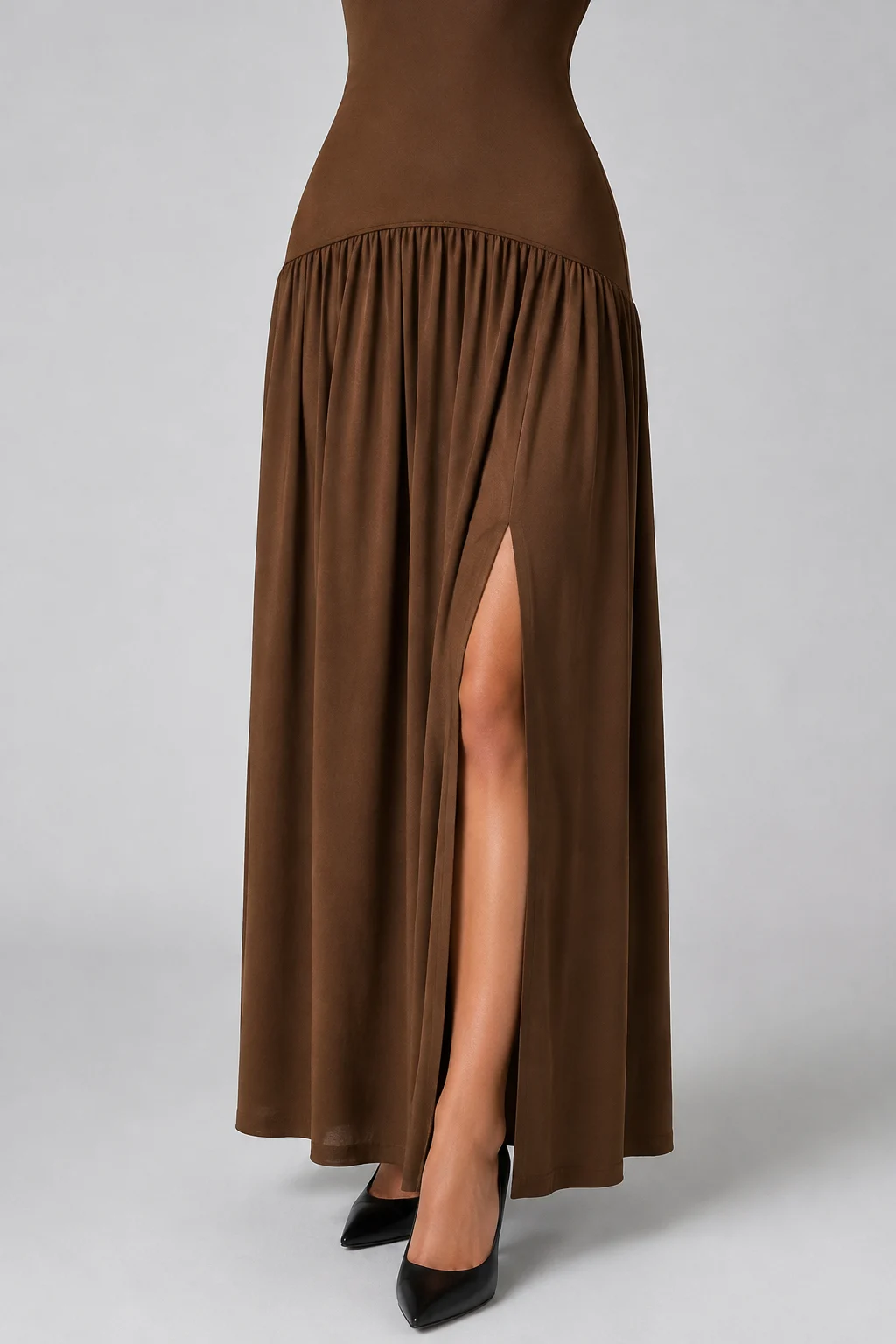 Brown Strapless Drop Waist Maxi Dress with High Thigh Slit [erp-image:9a89dd8b08074e0b0016faf6]