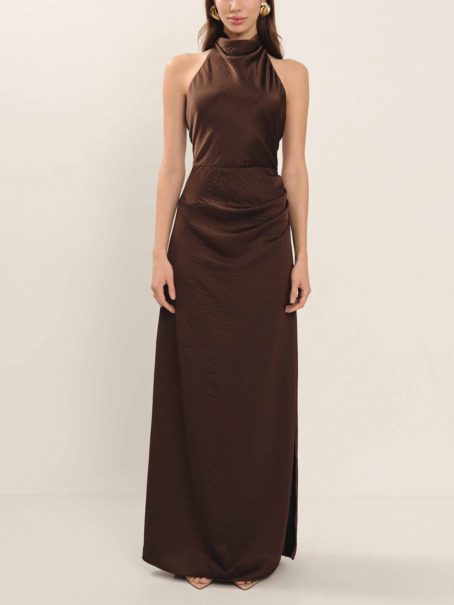Elegant Holders Corner Satin Pleated Maxi Dress