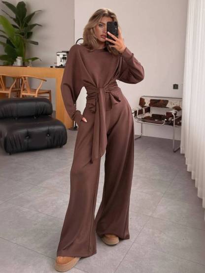Lace-Up Design Pullover And Wide Leg Pants Suit