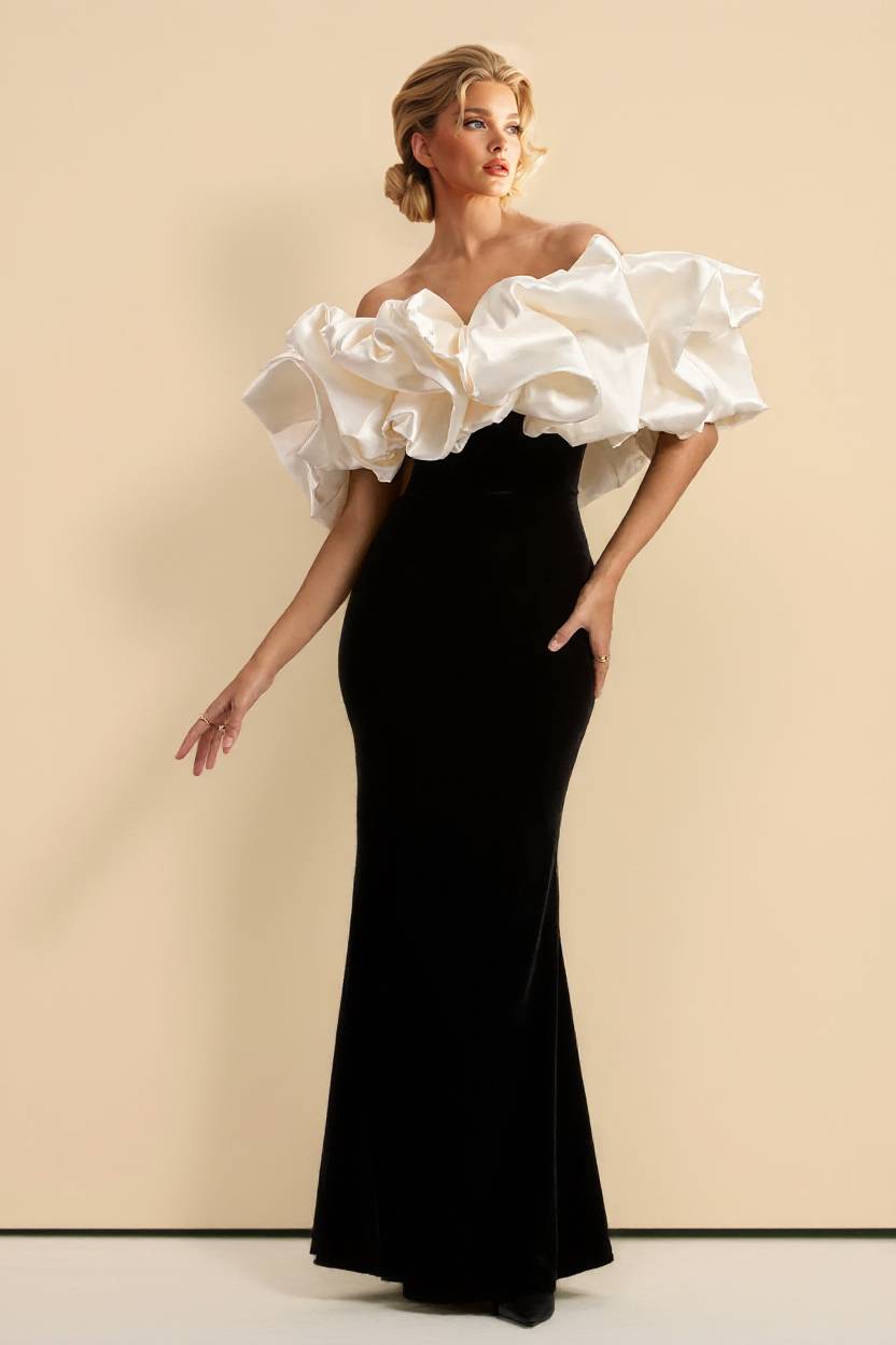 Off-Shoulder Color Contrast Velvet Splicing Maxi Dress