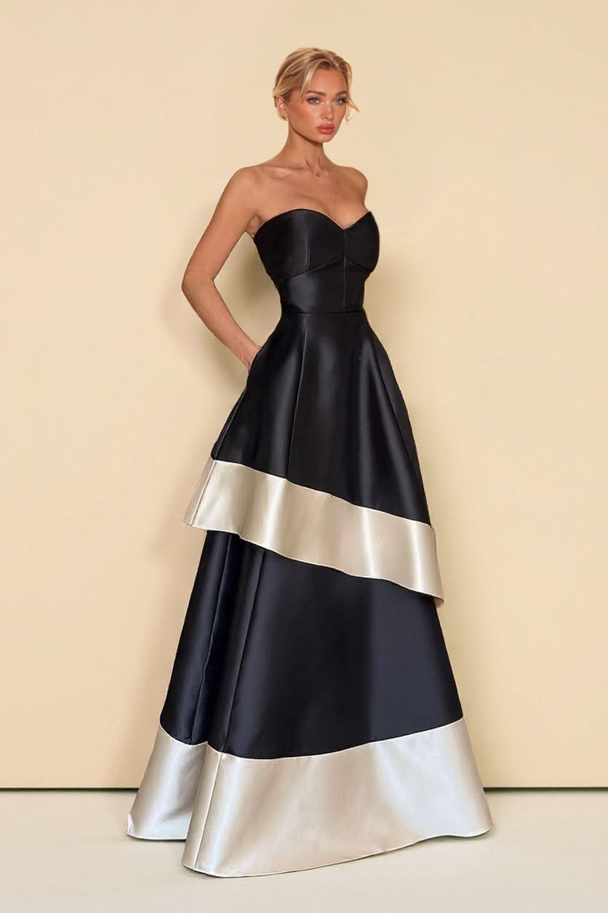 Tube Top Color Contrast High Waist A- Line Maxi Dress