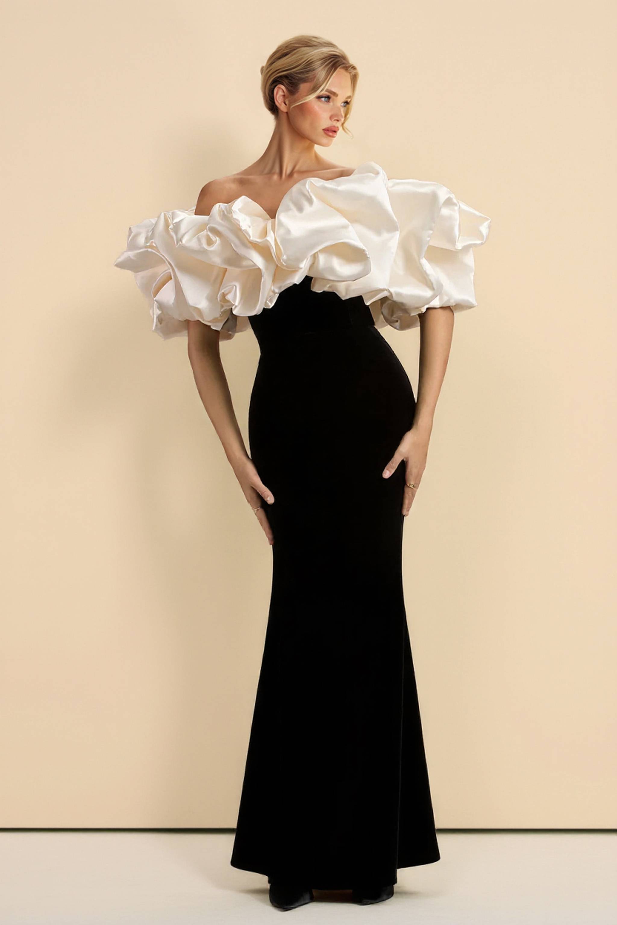 Off-Shoulder Color Contrast Velvet Splicing Maxi Dress